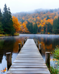 Wooden dock leading into a lake with fog and autumn trees in the background