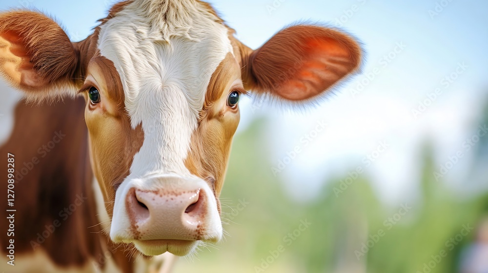 Poster curious brown calf with expressive eyes gazing into the camera against a blurred green background : 