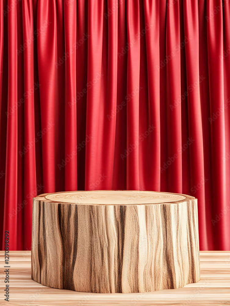 Poster wooden stage showcasing an object against red curtains in a studio setting