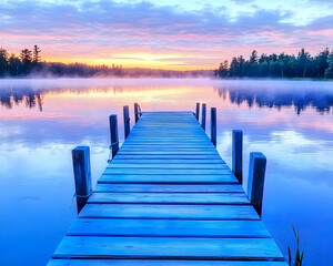 Fototapeta premium Wooden pier on a lake at sunrise with fog and clouds. Stock use as background