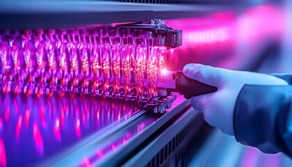 Worker adjusts settings on equipment, purple lights, automated, advanced tech