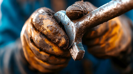 Worker adjusts metal with a wrench, at industrial site, for maintenance use