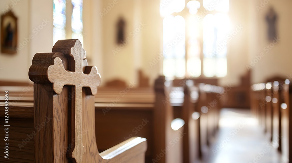 Poster serene view of wooden church pews adorned with a cross illuminated by soft natural light : generativ