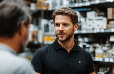 Electrician and Customer Discussing Electrical Components in Office Store