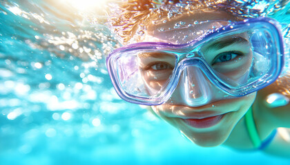 Naklejka premium Young girl swims underwater, enjoys sunlight streaming through water surface. Stock
