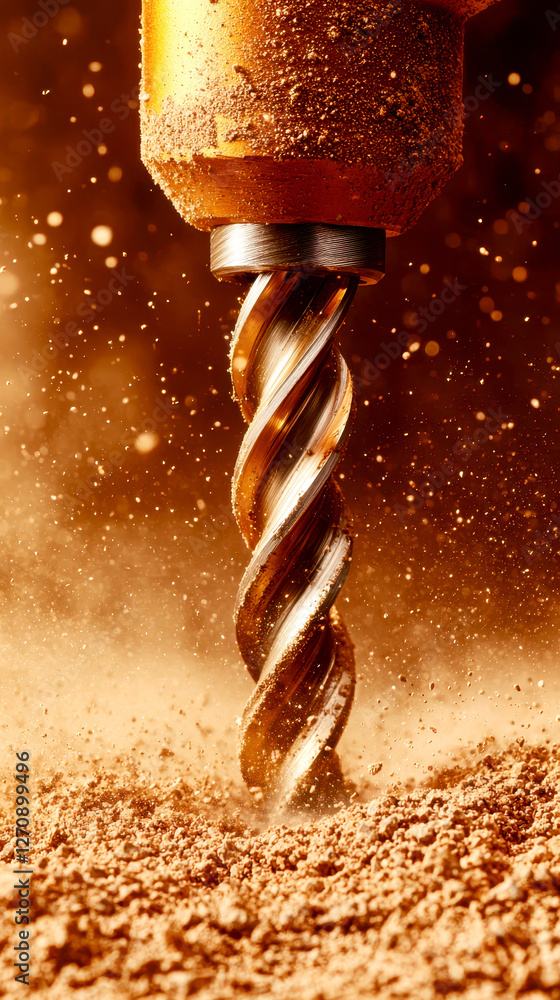 Poster extreme close up of drill bit penetrating through fine dust, creating dynamic scene