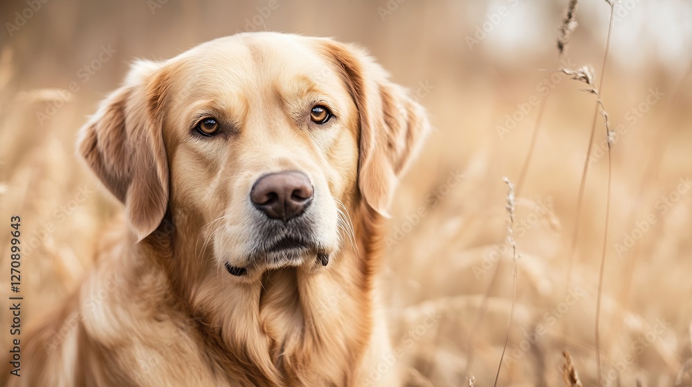 Aufkleber golden retriever dog portrait in a dry golden field with soft lighting highlighting its features : g