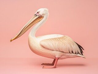 Obraz premium Majestic pelican in pink background wildlife photography studio setting side view