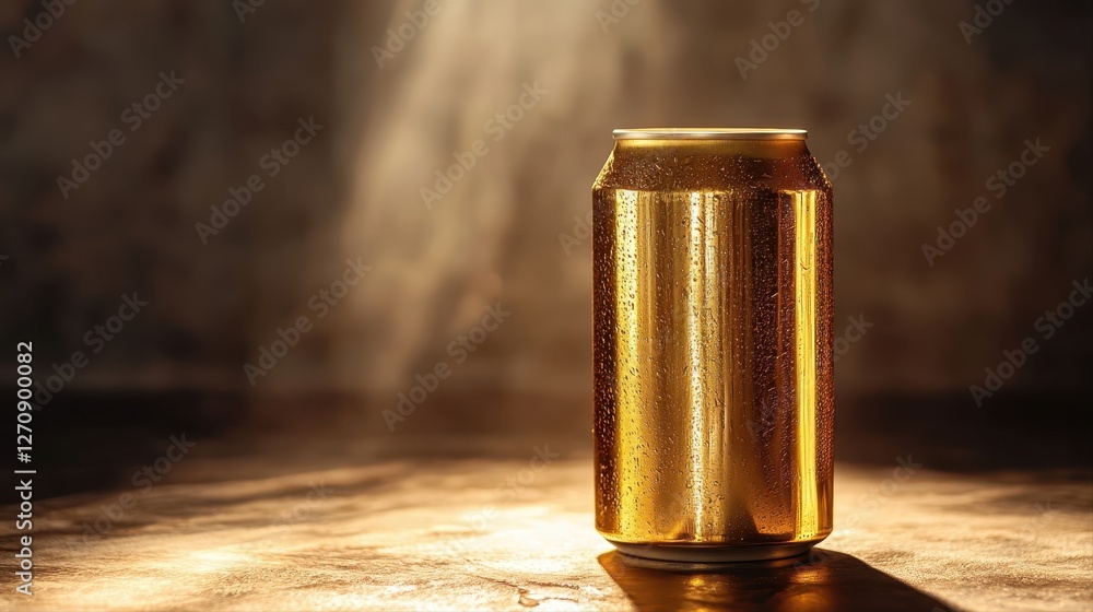 Poster a can of beer placed on a table glowing under soft ambient light in a cozy setting