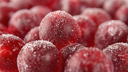 Close-up of glistening red cherries coated in sugar, showcasing their vibrant color and texture.