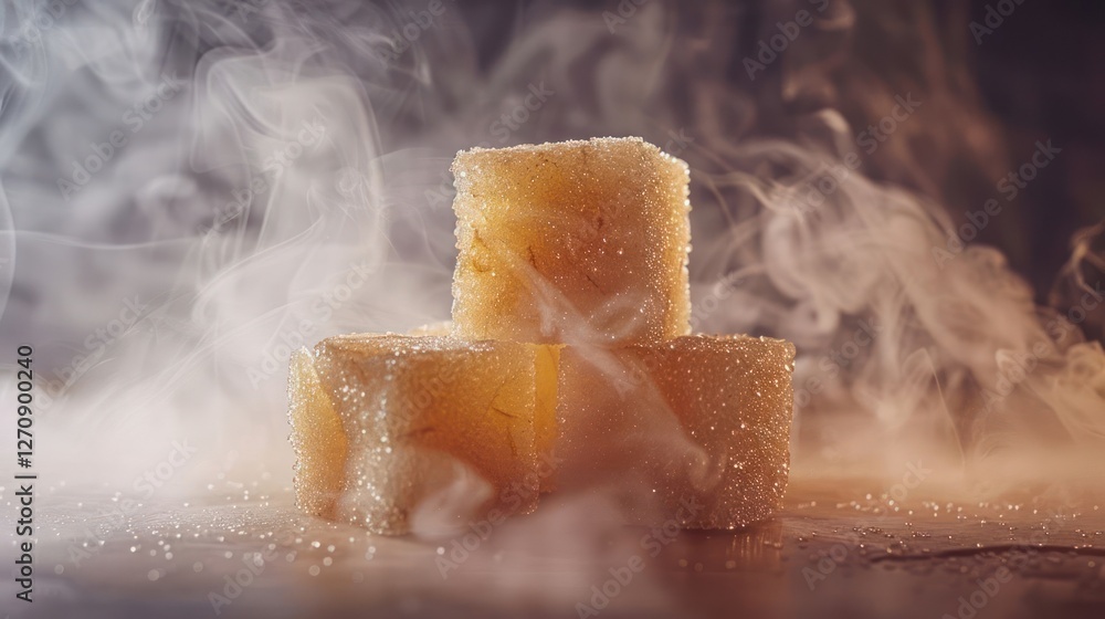 Poster three translucent sugar cubes on a smoky surface create a visually appealing composition.