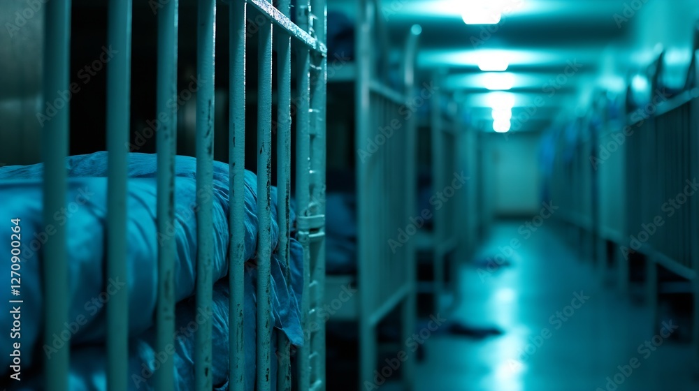 Poster desolate prison cell corridor captured in dim blue light with empty bunks and metallic bars : genera