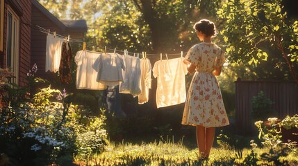 Woman hanging laundry outdoors in golden sunlight