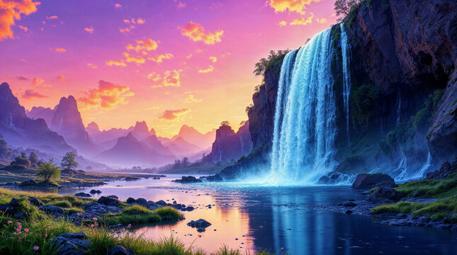Majest&auml;tischer Wasserfall in leuchtender Traumlandschaft bei Sonnenuntergang