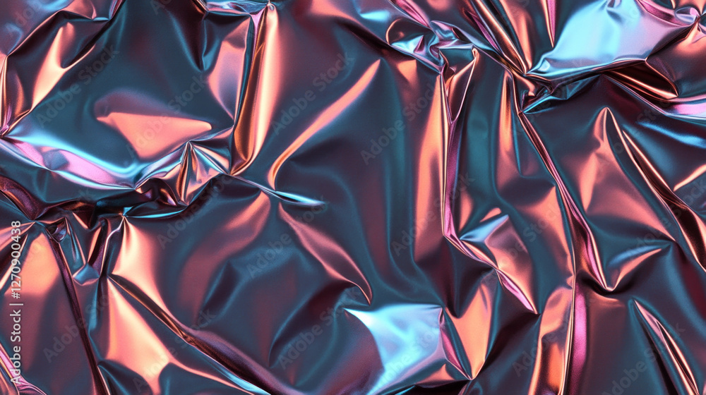 Poster crumpled metallic foil texture showcasing vibrant reflections in abstract patterns