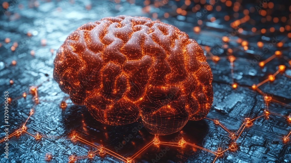Poster intricate brain model illuminated with circuit connections on dark surface