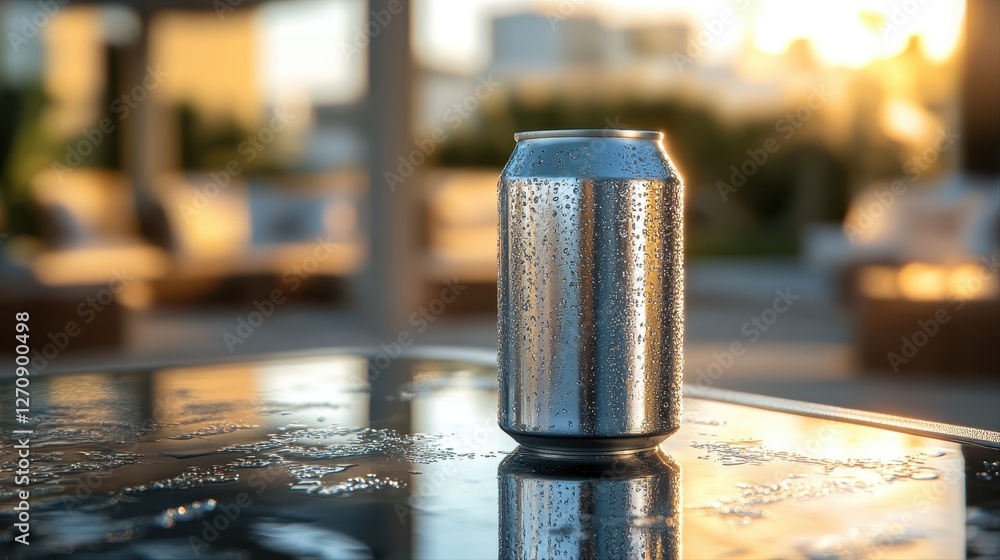 Poster soda can on a glass table with reflections creating an interesting visual effect and ambiance