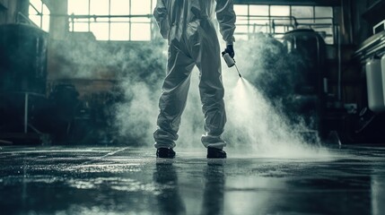 Industrial Cleaning: A lone worker in protective suit disinfects a large factory floor, creating a misty atmosphere.