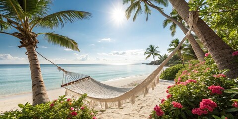 Romantic Cozy Hammock in Tropical Paradise Ocean Beach for Summer Vacation Bliss