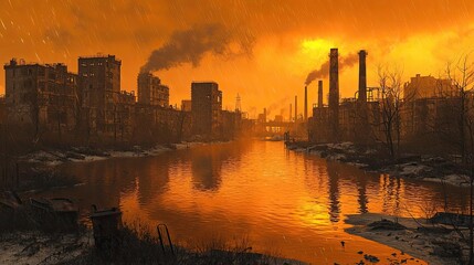 Fototapeta premium Acid rain climate change idea. A dramatic sunset over a polluted landscape, showcasing industrial decay and environmental impact.