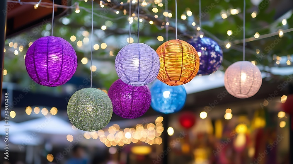 Aufkleber vibrant and colorful paper lanterns hanging in the night sky creating an enchanting atmosphere for c