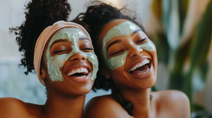 Interracial lesbian couple enjoys a relaxing home spa day filled with laughter and cucumber masks