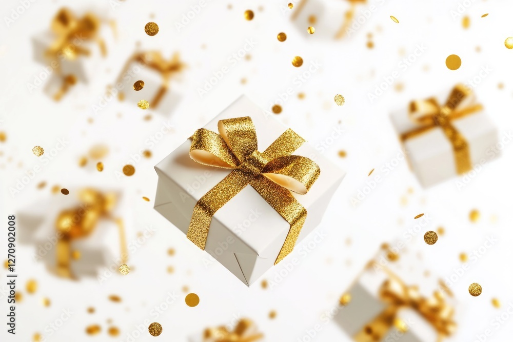Poster the image features a box of gifts with sparkling gold confetti around it, creating an atmosphere of 