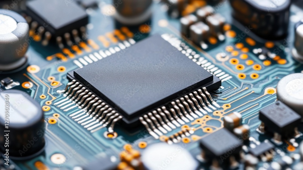 Poster a close-up of an advanced pick-and-place machine installing microchips on a circuit board.