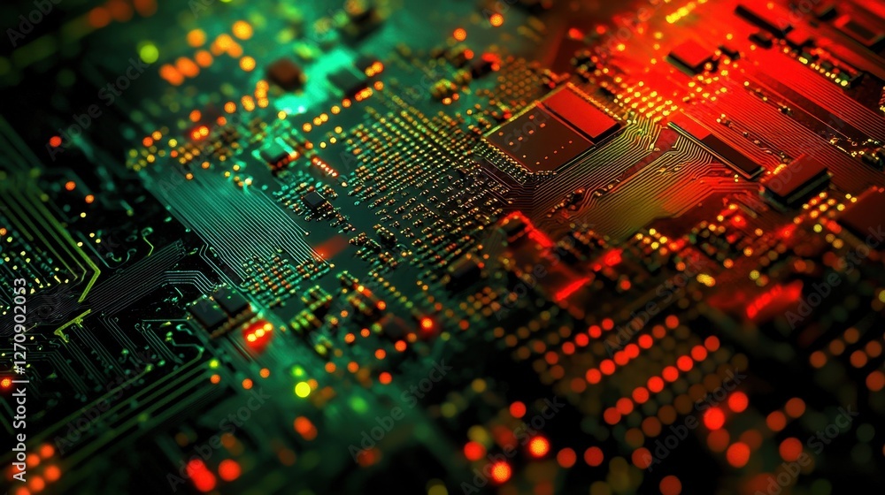 Poster a close-up of an advanced pick-and-place machine installing microchips on a circuit board.