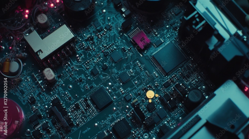 Poster a close-up of an advanced pick-and-place machine installing microchips on a circuit board.
