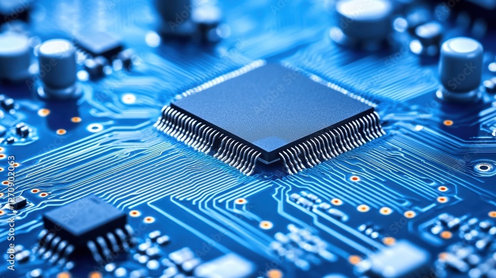 Poster a close-up of an advanced pick-and-place machine installing microchips on a circuit board.