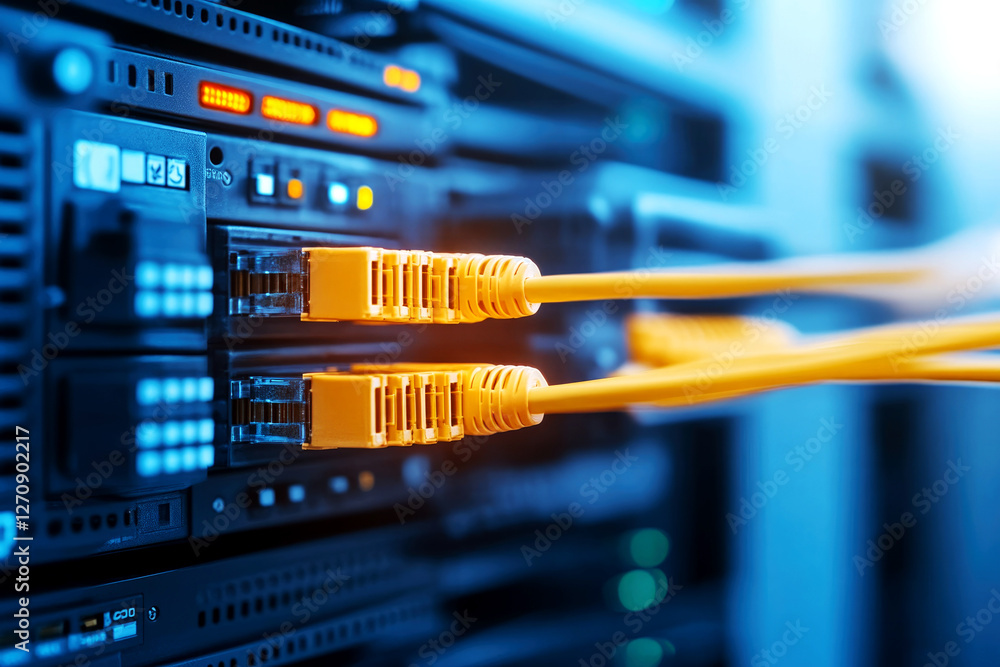 Poster fiber optic cable installation in data center high-tech environment close-up view networking infrast