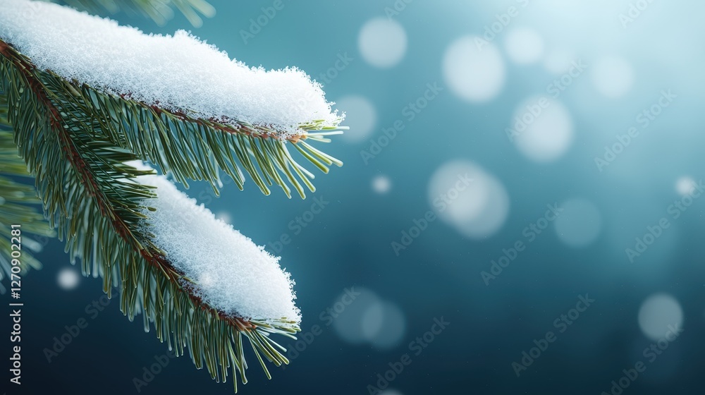 Poster snow-covered pine branch with soft focus background and bokeh effect in winter atmosphere