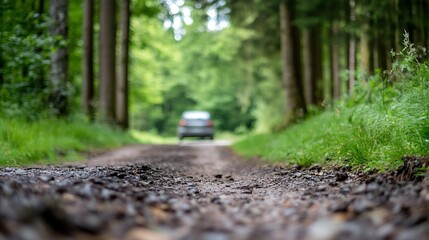 Fototapeta premium Gravel road winding through lush green forest illuminated by sunlight in summer : Generative AI