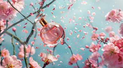 A bottle of pink perfume with cherry blossoms floating in the air, placed on an elegant branch against a soft blue background