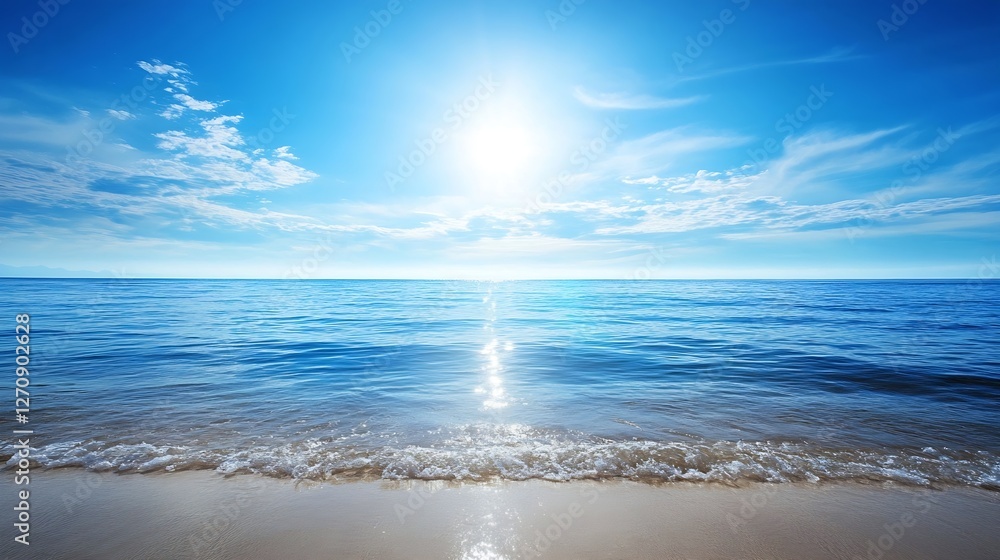 Poster breathtaking view of the sun shining over a tranquil ocean with gentle waves lapping at the sandy sh
