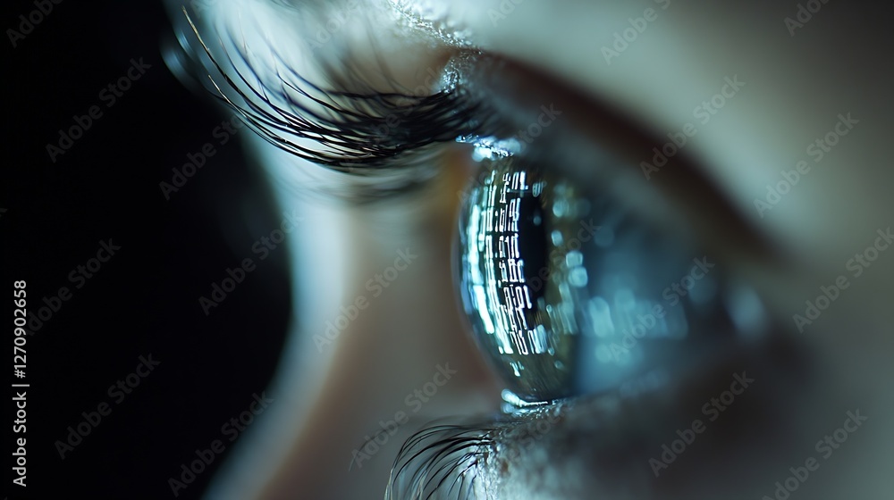 Poster Closeup of an eye reflecting computer data on the surface highlighting the connection between technology and perception : Generative AI