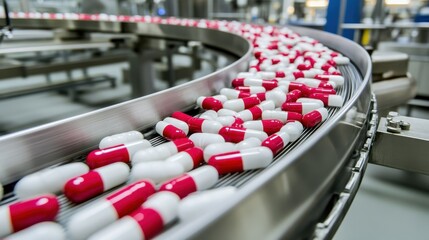 Obraz premium A close-up of a high-speed conveyor belt transporting red and white capsules through a sterile facility.