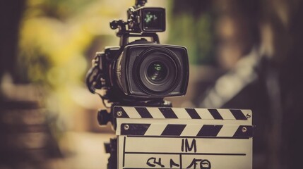 A close-up of a professional cinema camera on a tripod with a clapperboard in front of it.