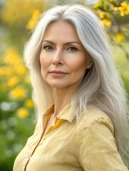 Naklejka premium Middle-aged woman with short gray hair looking at the camera.