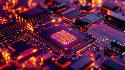 Obraz premium A close-up of a reflow soldering process with infrared heat sealing microchips to a PCB.