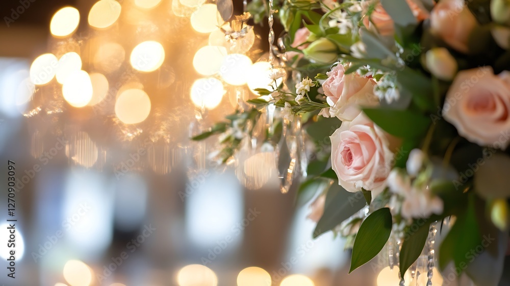 Poster close up of beautiful roses and floral elements with soft glowing lights in the background : generat