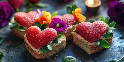Fototapeta premium This is a delicious strawberry shortcake presented in heart shape, garnished with fresh flowers for an appealing presentation.
