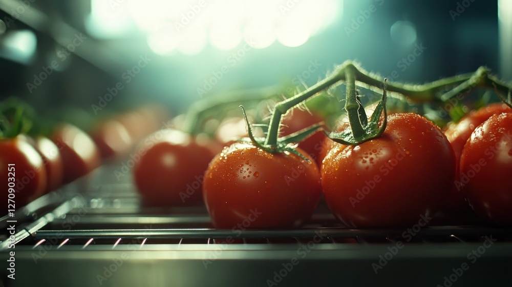 Poster a close-up of a tomato conveyor system ensuring only the highest quality produce moves to packaging.