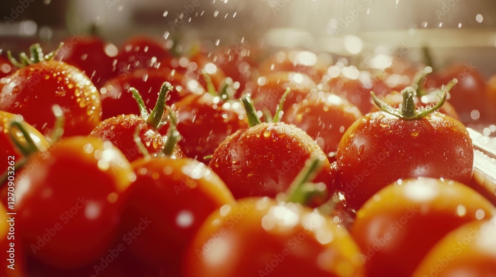 Poster a close-up of a tomato conveyor system ensuring only the highest quality produce moves to packaging.