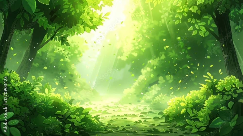 Poster a serene forest scene filled with lush greenery and soft light filtering through the trees.