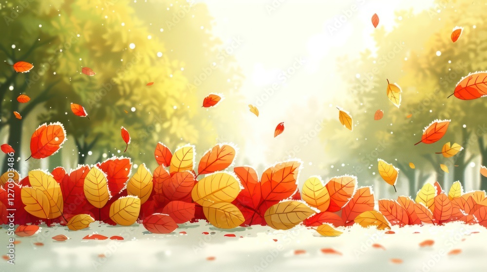 Poster a serene autumn scene with colorful falling leaves and soft sunlight filtering through trees.