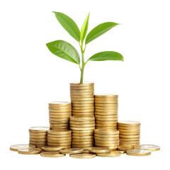 money growth concept with plant on coin stacks. investment and finance growth with plant and coins,pile of coins with a growing plant isolated on transparent background