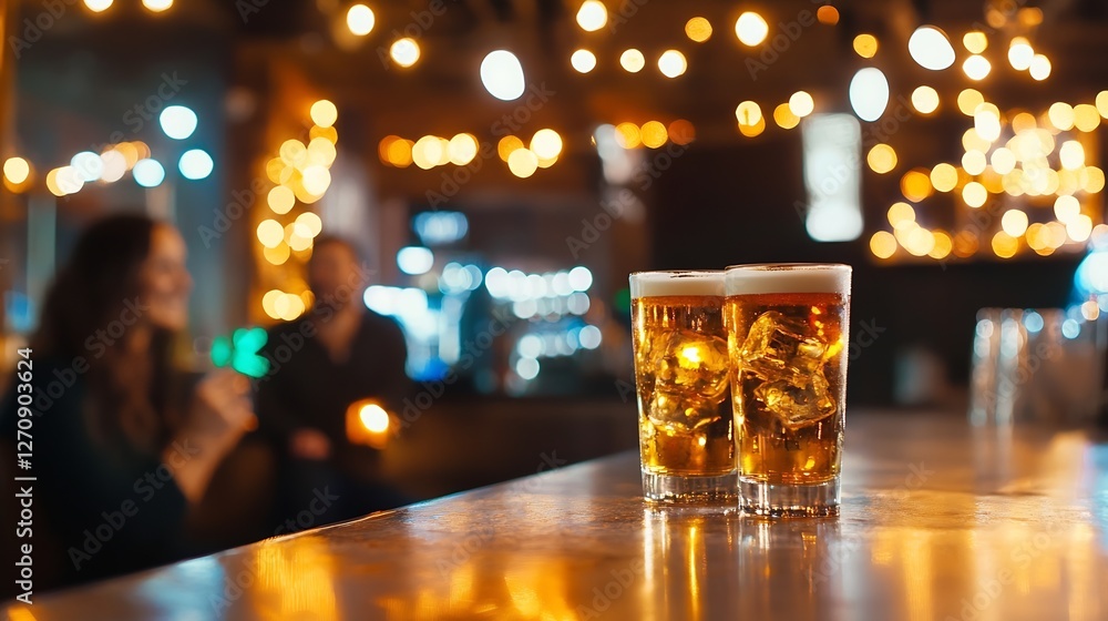 Poster charming bar scene featuring two glasses of cold beer with ice on a wooden table in warm ambient lig