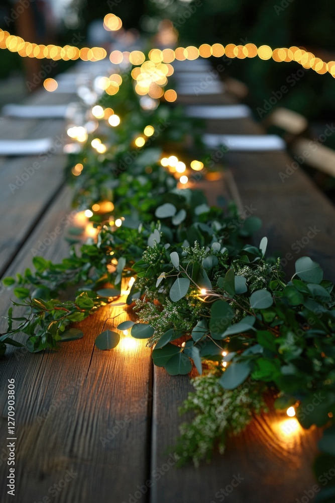 Poster outdoor dining table with vibrant string lighting and decorative greenery, suitable for events or pi